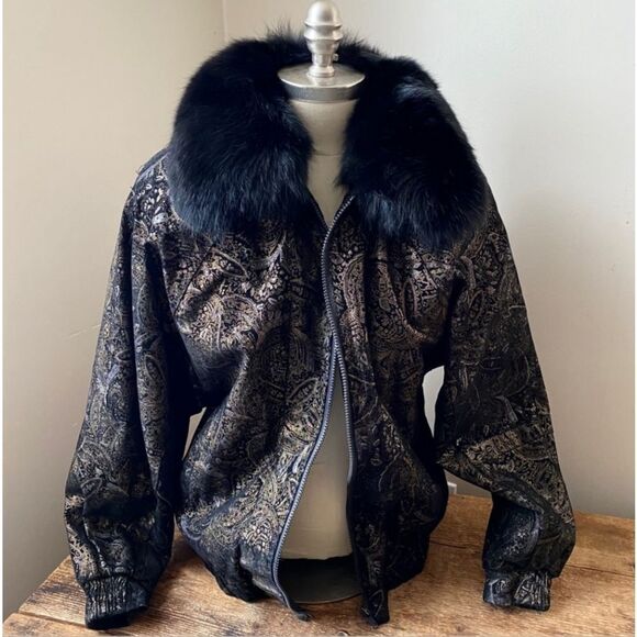 Vintage 1960s Radlee Patterned Leather Coat with Genuine Fox Fur Collar Sz M - Picture 1 of 16
